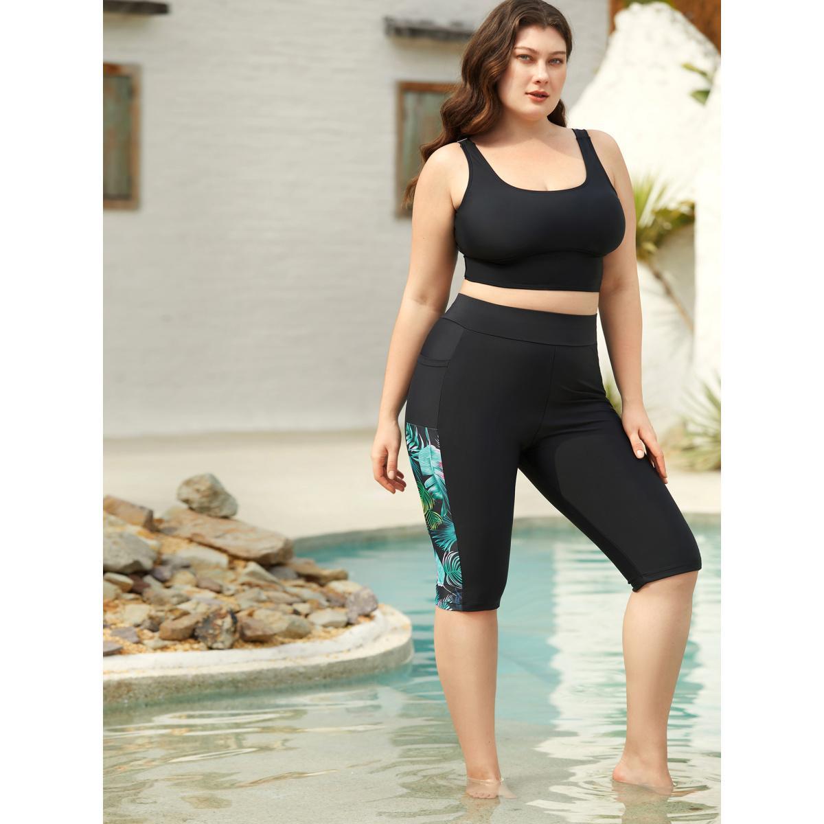 Plus Size Tropical Print High Waisted Tight Swim Bottoms Women's Swimwear Black Beach Patchwork High stretch Skinny High Rise Patch pocket Curve Swim Bottoms BloomChic 26/4X Product Image