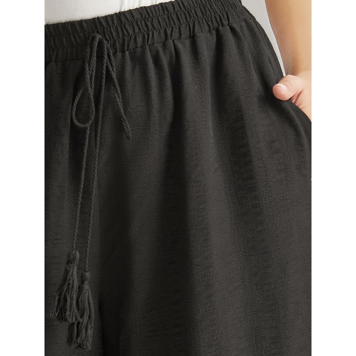 Plus Size Plain Tassel Knot Pocket Elastic Waist Pants Women Black Vacation Straight Leg High Rise Dailywear Pants BloomChic 30/6X Product Image