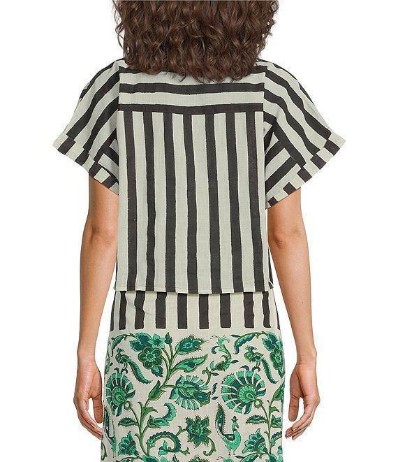Mo Maya Stripe Print Notch Collar Short Sleeve Button Front Shirt Product Image