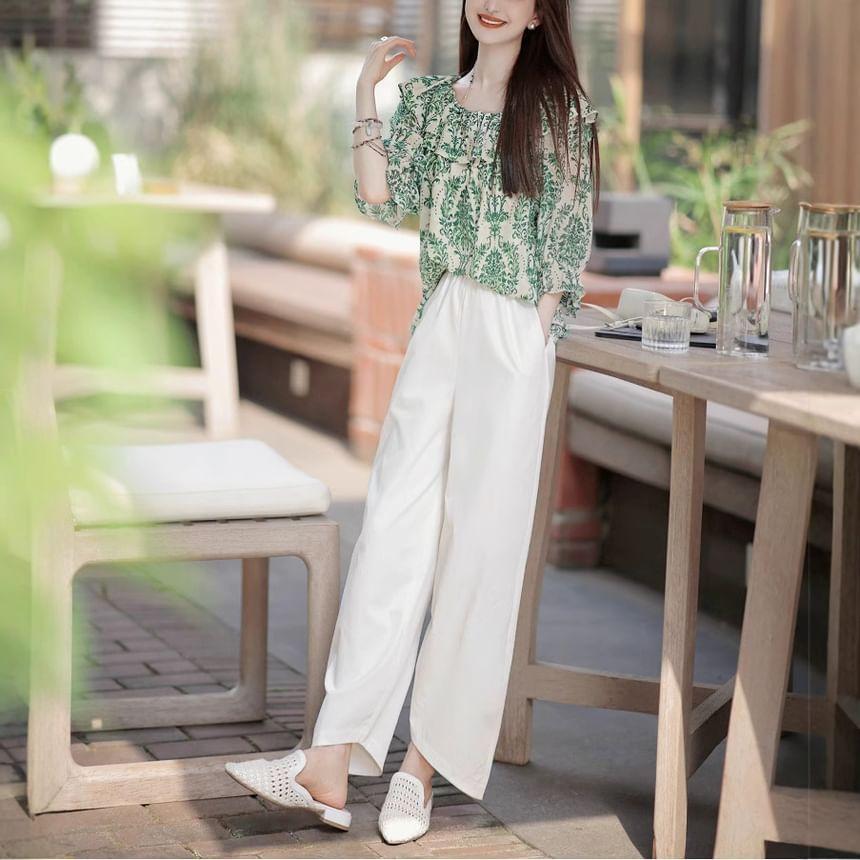 3/4-Sleeve Off-Shoulder Print Blouse Product Image