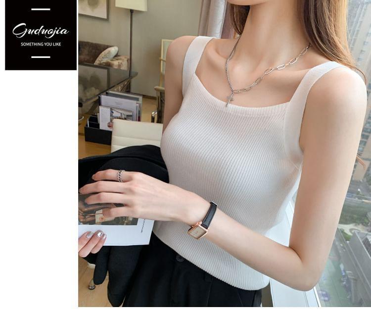 Square Neck Plain Ribbed Knit Tank Top Product Image