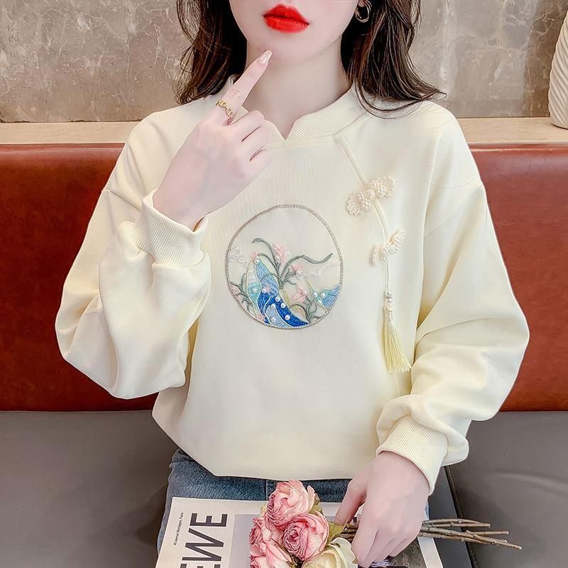 Stand Collar Floral Embroidered Faux Pearl Tassel Frog Buttoned Pullover Product Image