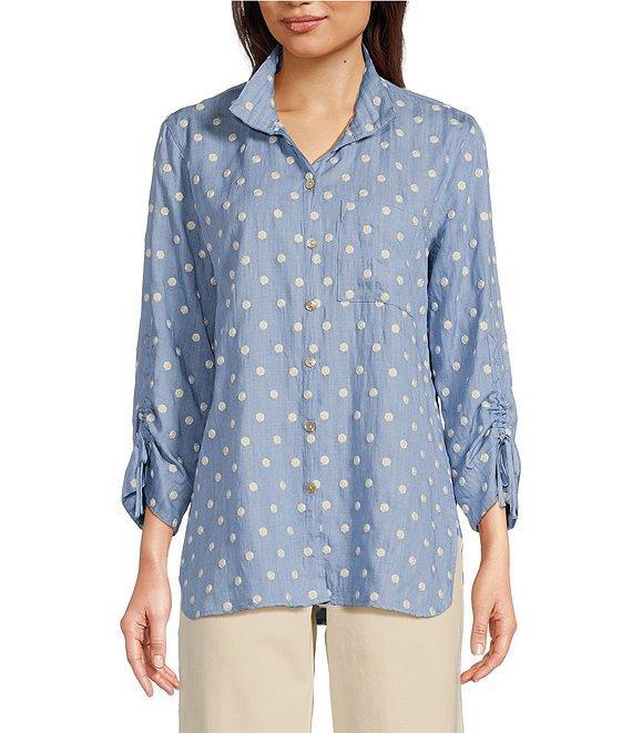 John Mark Embroidered Dot Wire Collar Ruched Cinch Tie 3/4 Sleeve Button Front Blouse Product Image