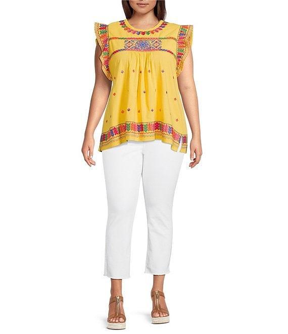 Calessa Plus Size Embroidered Round Neck Ruffle Cap Sleeve Tunic Product Image