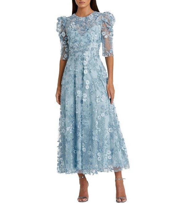 Mac Duggal Embroidered Floral Lace Crew Neck 3/4 Puff Sleeve A-Line Midi Dress Product Image