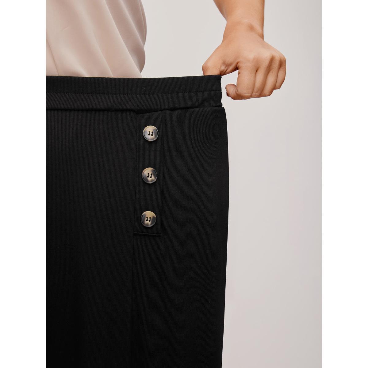 Plus Size Supersoft Essentials Button Detail Wide Leg Pants Women Black Elegant Wide Leg High Rise Everyday Pants BloomChic 10/M Product Image
