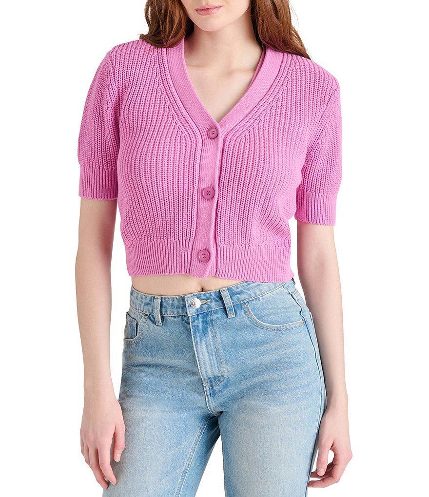 Steve Madden Janae Knit V-Neck Long Sleeve Cropped Cardigan Product Image
