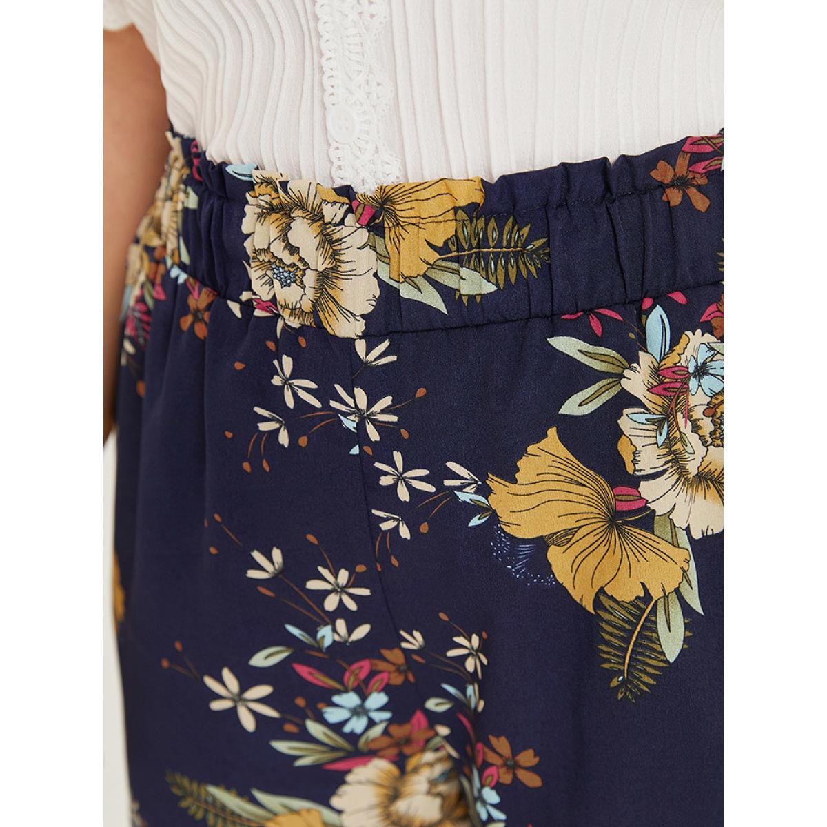 Plus Size Floral Print Pocket Elastic Waist Wide High Rise Pants Women Indigo Elegant Straight Leg High Rise Dailywear Pants BloomChic 18-20/2X Product Image