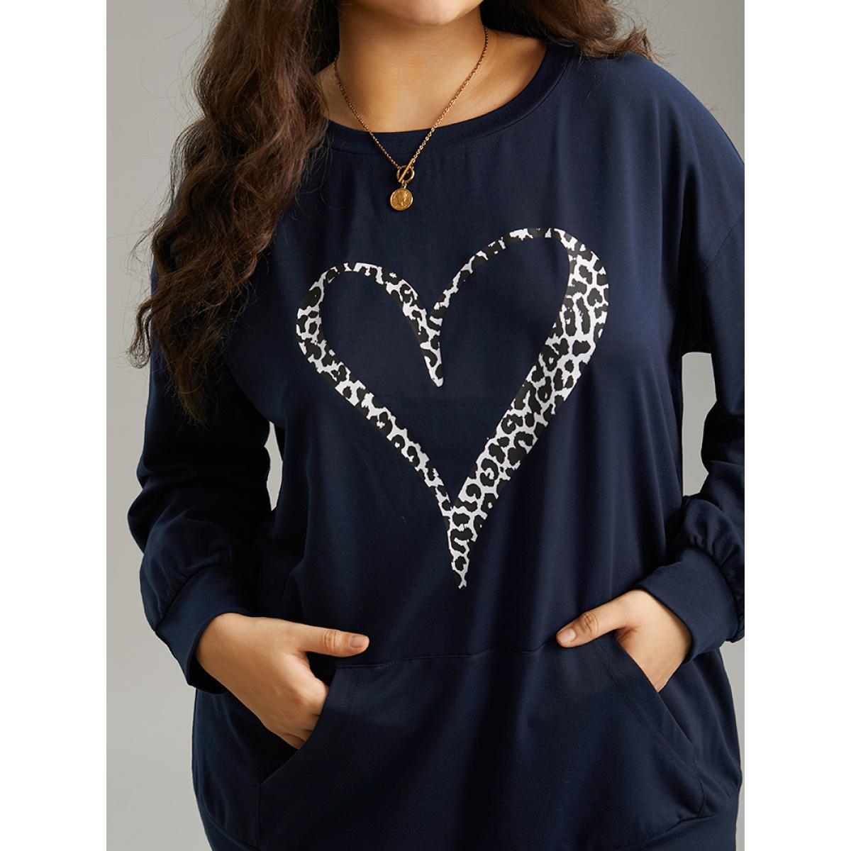 Plus Size Leopard & Heart Print Crew Neck Sweatshirt Women Indigo Elegant Printed Dailywear Sweatshirts BloomChic 12/L Product Image