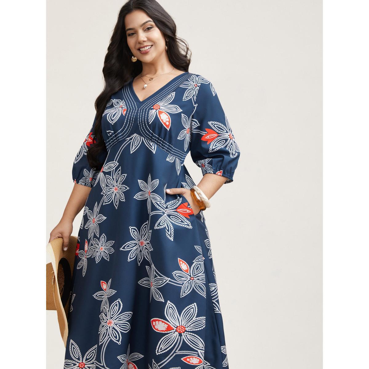 Plus Size Boho Floral Arc Neck Waist-Cinched Dress DarkBlue Women Resort Gathered V-neck Elbow-length sleeve Curvy BloomChic 12/L Product Image