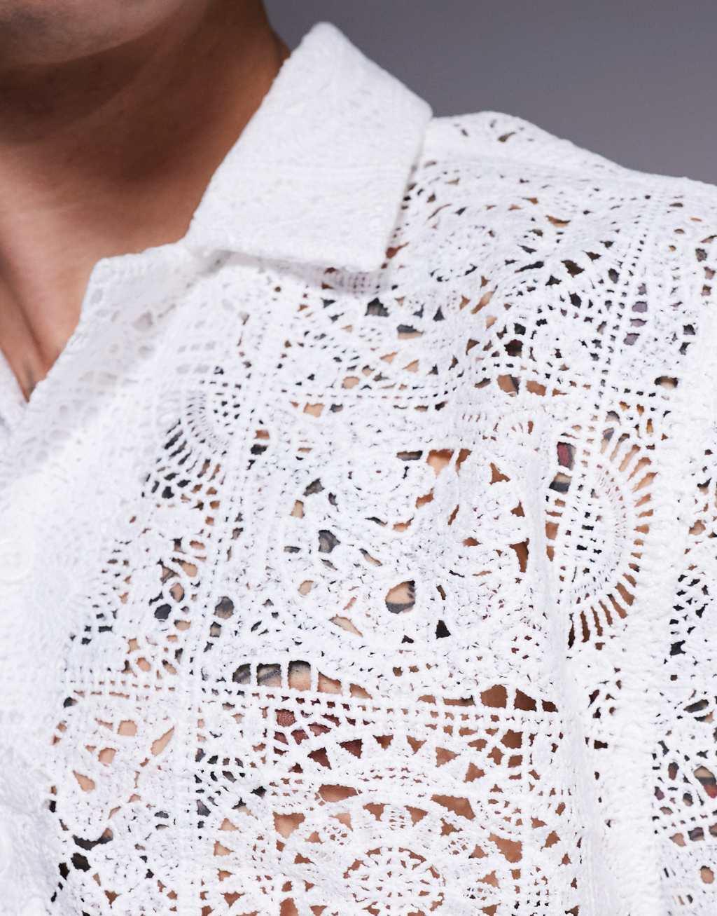 ASOS DESIGN premium boxy camp collar shirt in white lace Product Image
