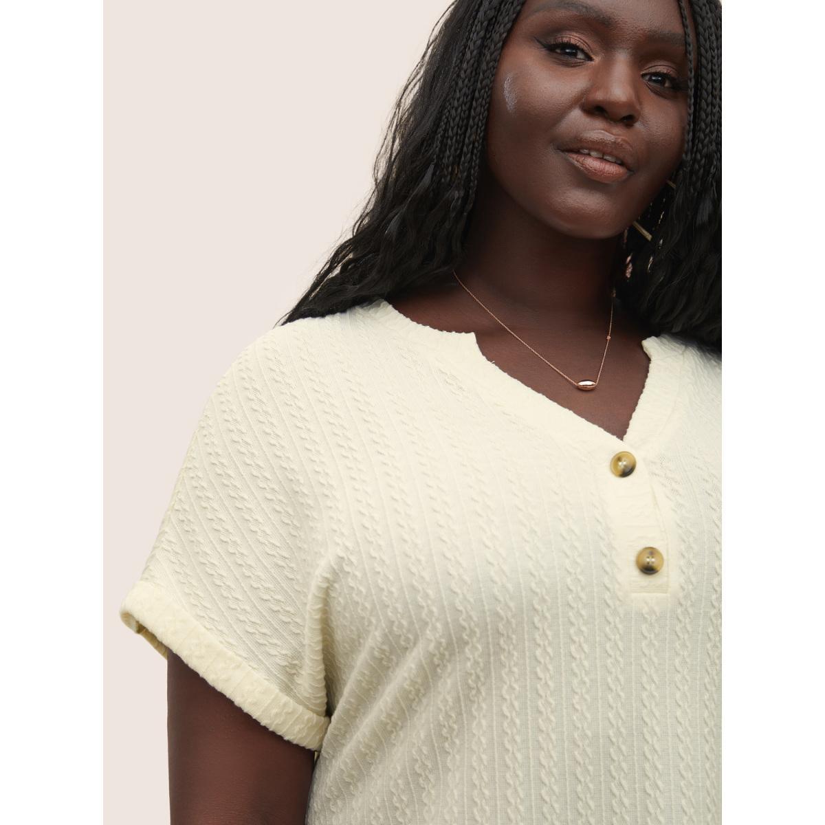 Plus Size Plisse Dolman Sleeve Button Up T-shirt Beige Women Casual Button Flat collar with V-notch Everyday T-shirts BloomChic 10/M Product Image
