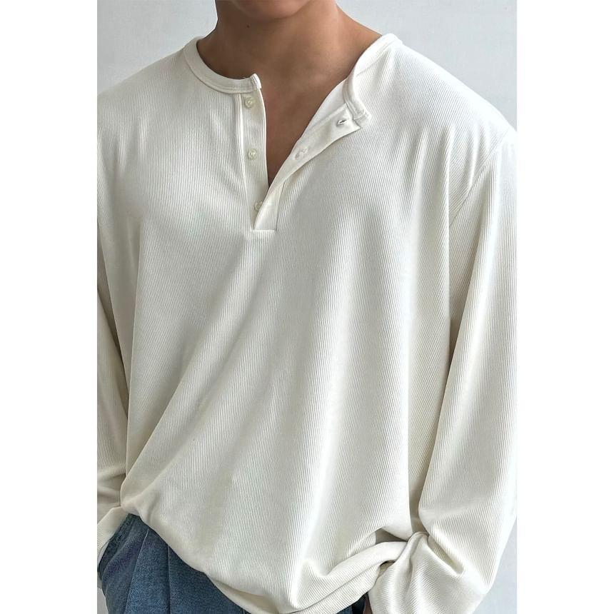 Long-Sleeve Henley Plain Ribbed T-Shirt Product Image