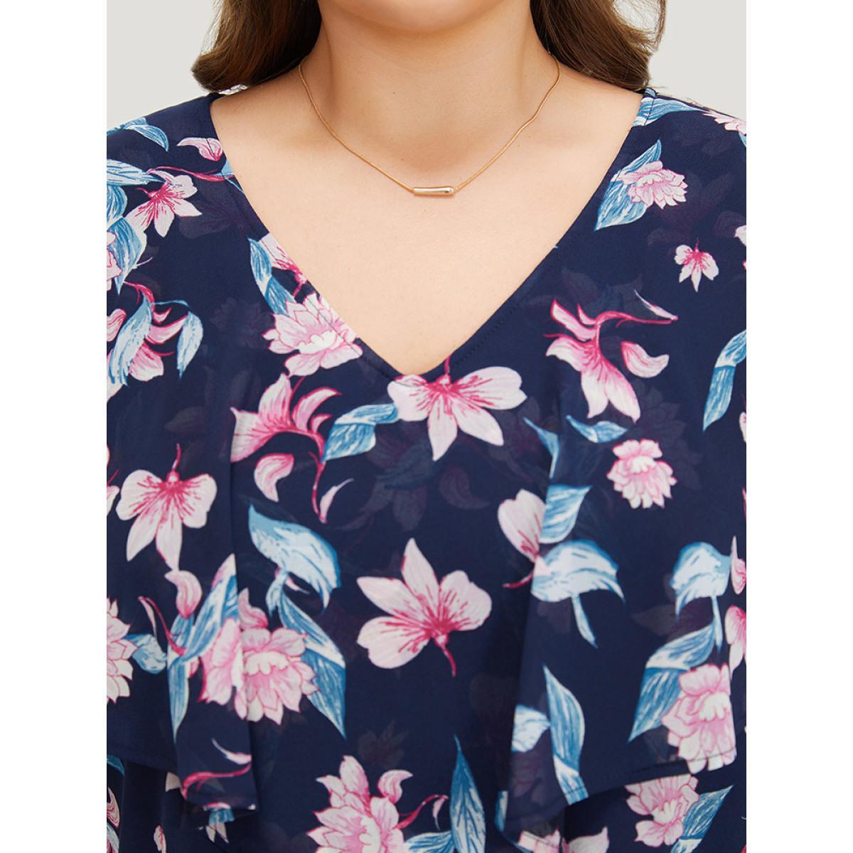 Plus Size Indigo Floral Print Ruffle Trim Asymmetrical Hem Blouse Women Elegant Short sleeve Round Neck Dailywear Blouses BloomChic 26/4X Product Image