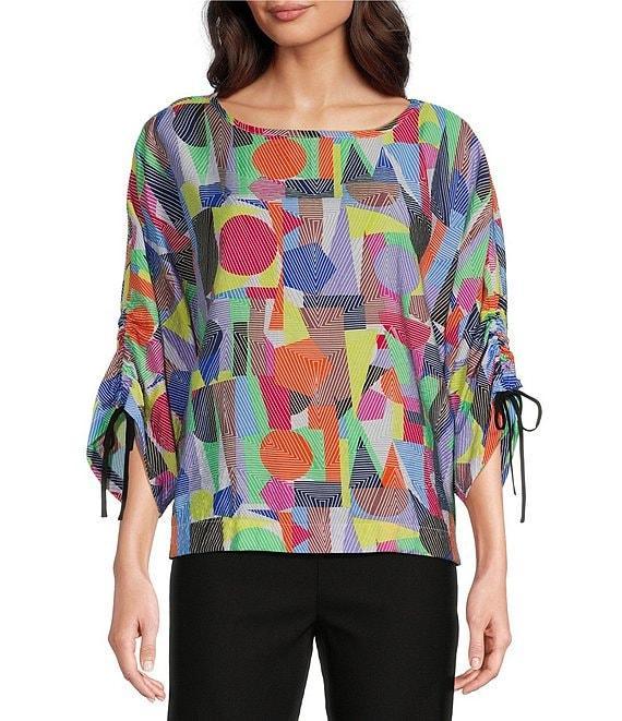 Ali Miles Abstract Print Round Neck 3/4 Dolman Cinch Tie Sleeve Tunic Product Image