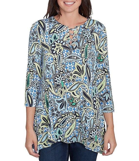 Ruby Rd. Balinese Ikat Print Knit Crew Neck Lace Up Front Placket 3/4 Sleeve Top Product Image