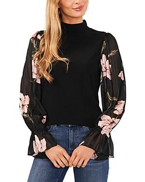 CeCe Womens Sheer Printed Long-Sleeve Mock Neck Top Product Image