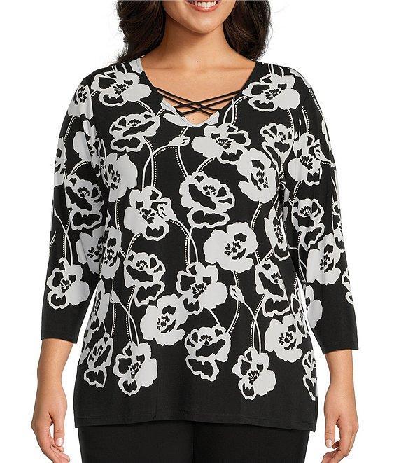 Allison Daley Plus Size Floral Print 3/4 Sleeve Criss Cross V-Neck Knit Top Product Image