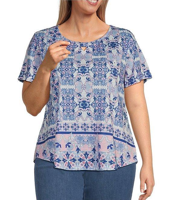 Allison Daley Plus Size Pink Folk Tile Print Short Sleeve Keyhole Neck Knit Top Product Image