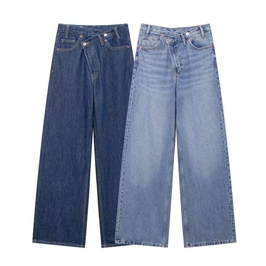 High Rise Washed Asymmetrical Wide Leg Jeans Product Image