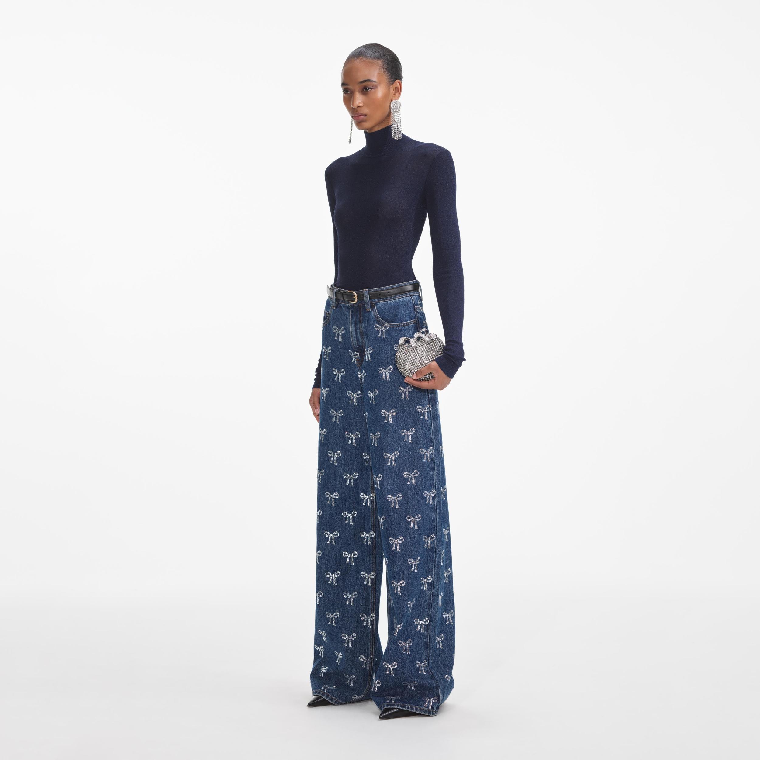 Rhinestone Bow Denim Jeans Product Image