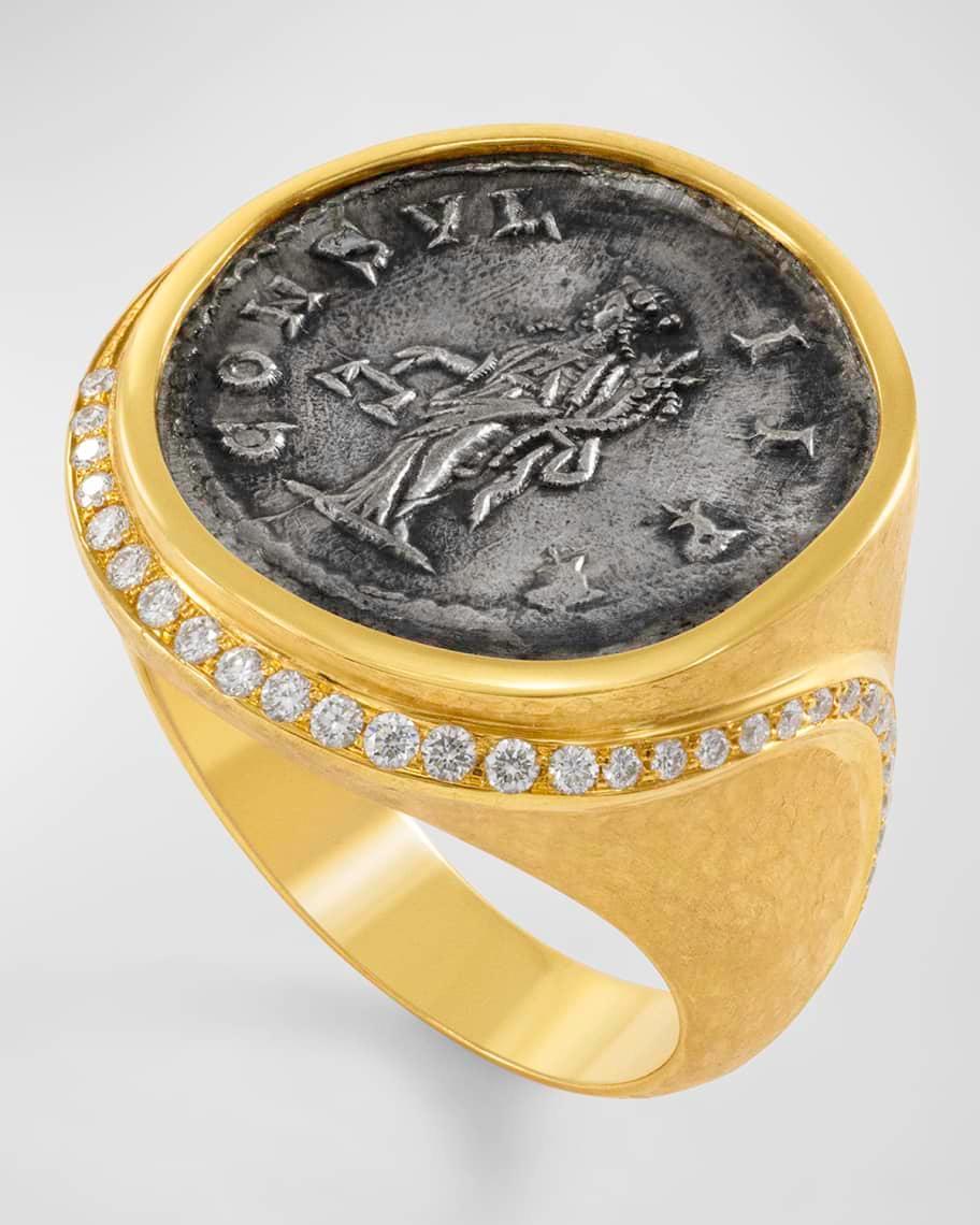 Mens 18K Gold Aequitas Coin and Diamond Ring Product Image