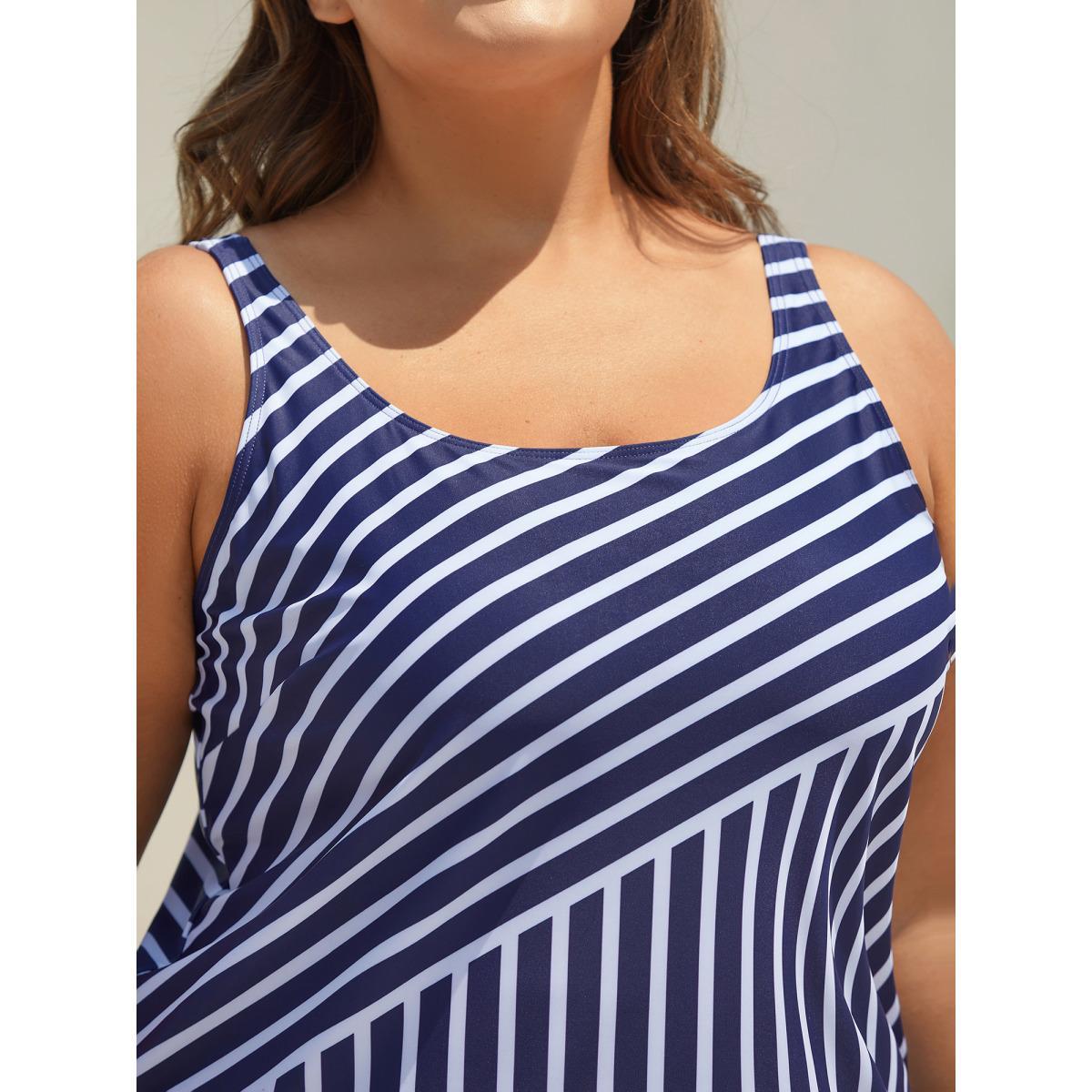Plus Size Striped Print Non-Removable Cups Swim Tankini Women's Swimwear Indigo Beach Contrast High stretch Bodycon U-neck Curve Swim Tops BloomChic 22-24/3X Product Image