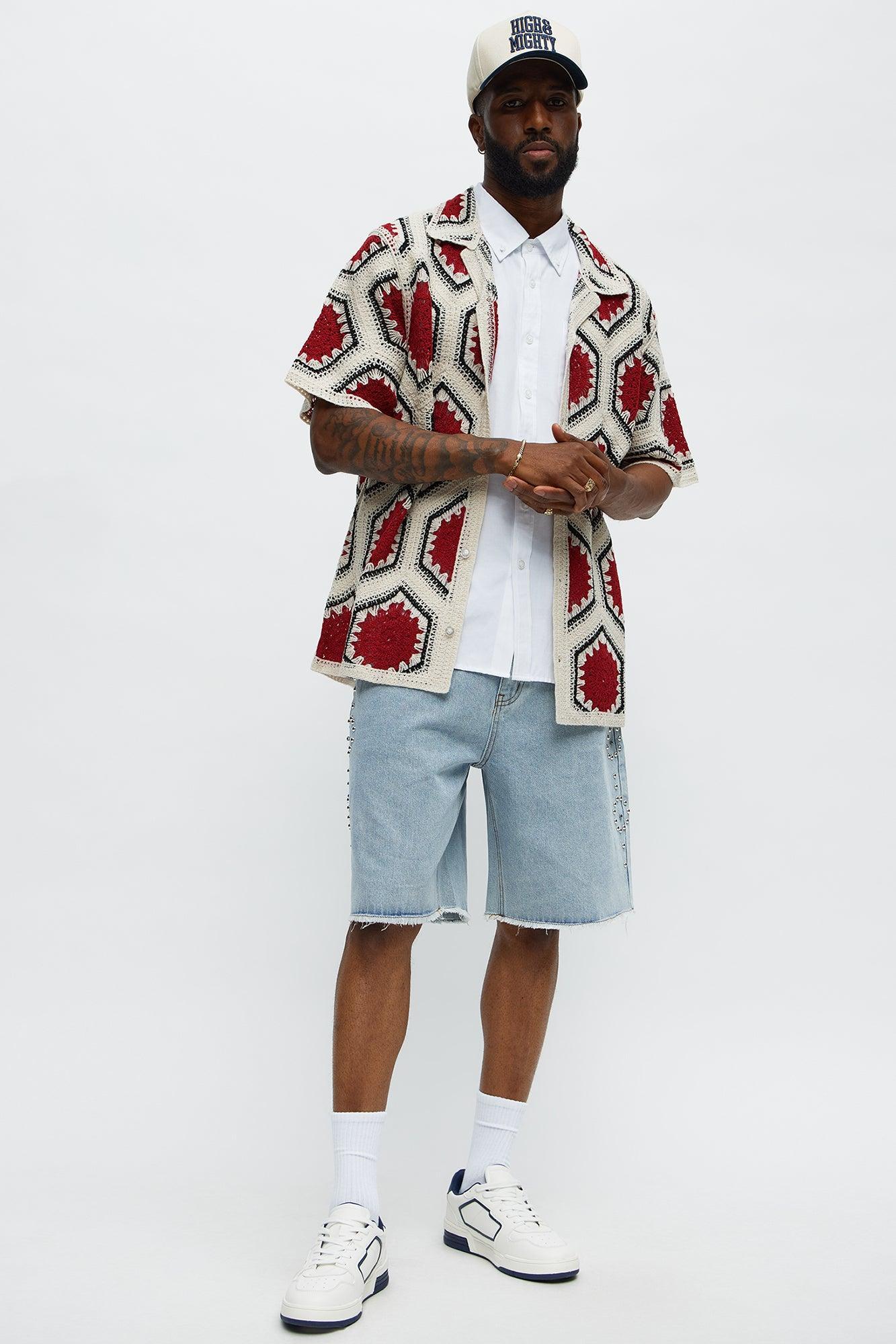 Vacay Vibes Crochet Button Up Shirt - Red/combo Male Product Image