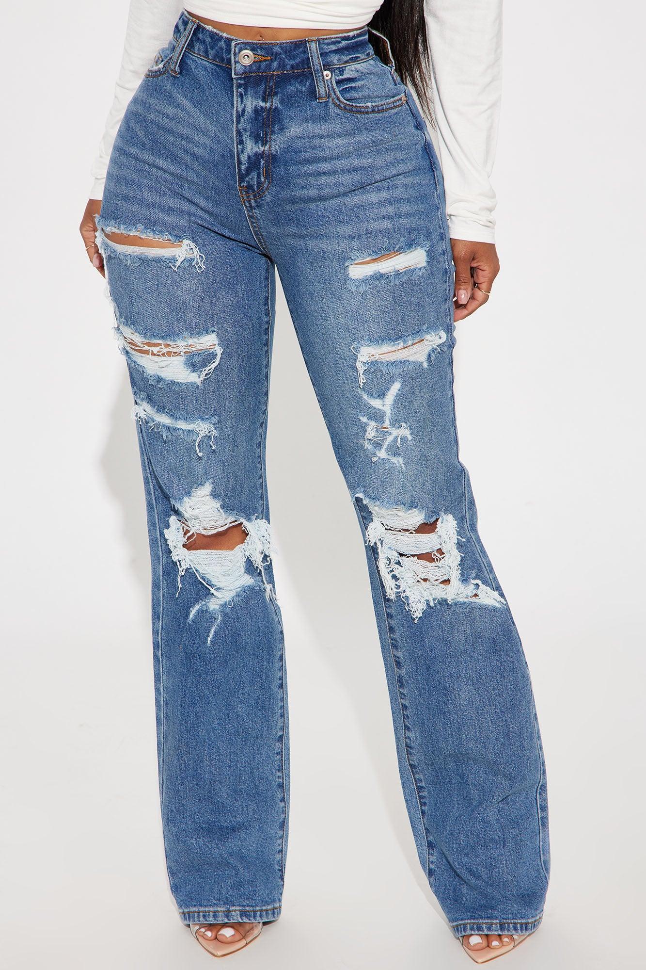 Posted Stretch Ripped Straight Leg Jeans - Medium Wash Product Image