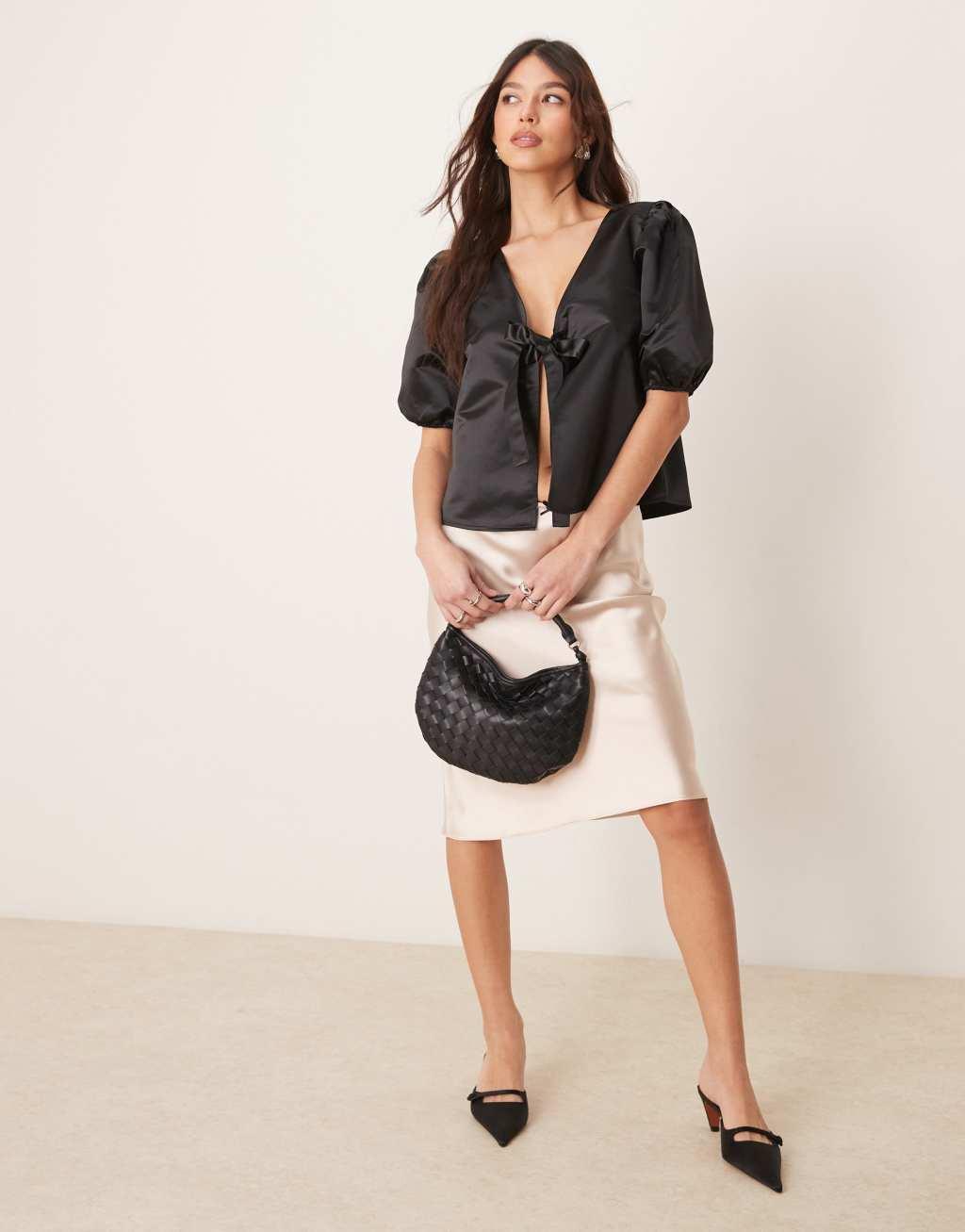 ASOS DESIGN tie front structured satin blouse in black Product Image