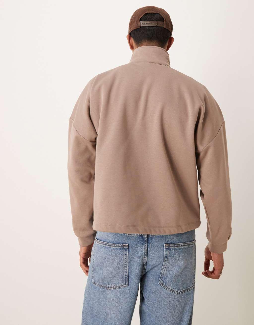 ASOS DESIGN oversized dropped shoulder borg lined funnel neck sweatshirt in brown Product Image