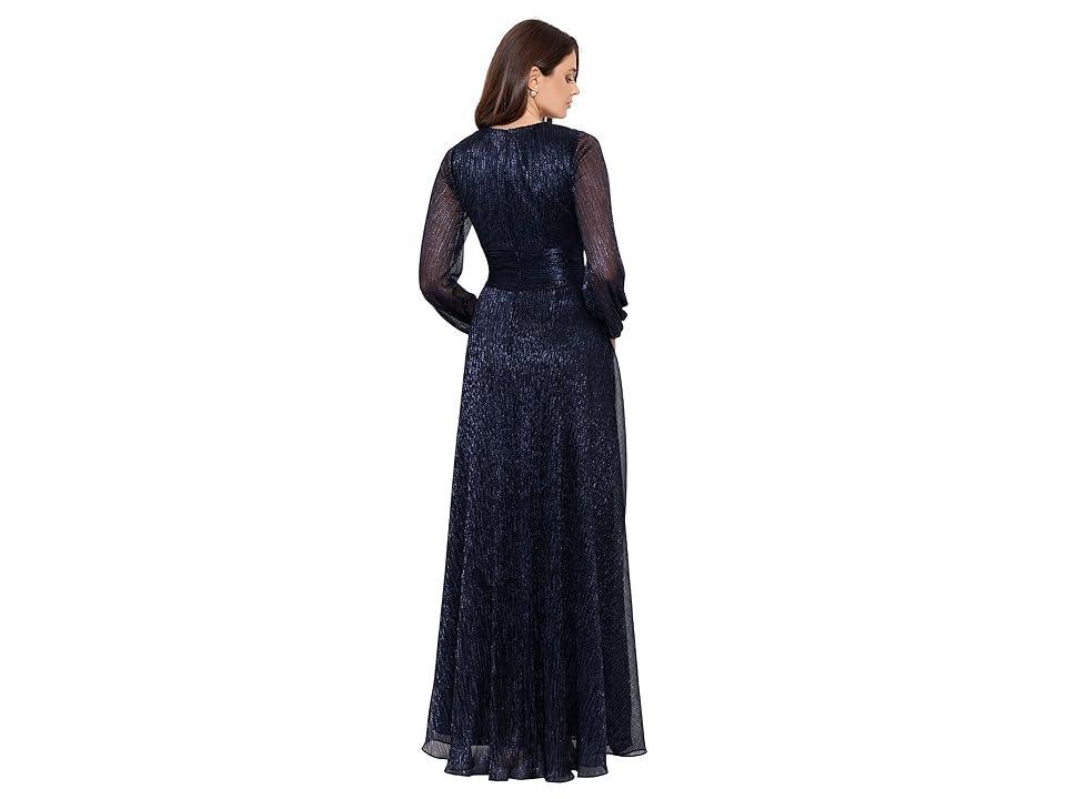 Betsy & Adam Long Sleeve V-Neck Metallic Gown (Navy/Royal) Women's Dress Product Image
