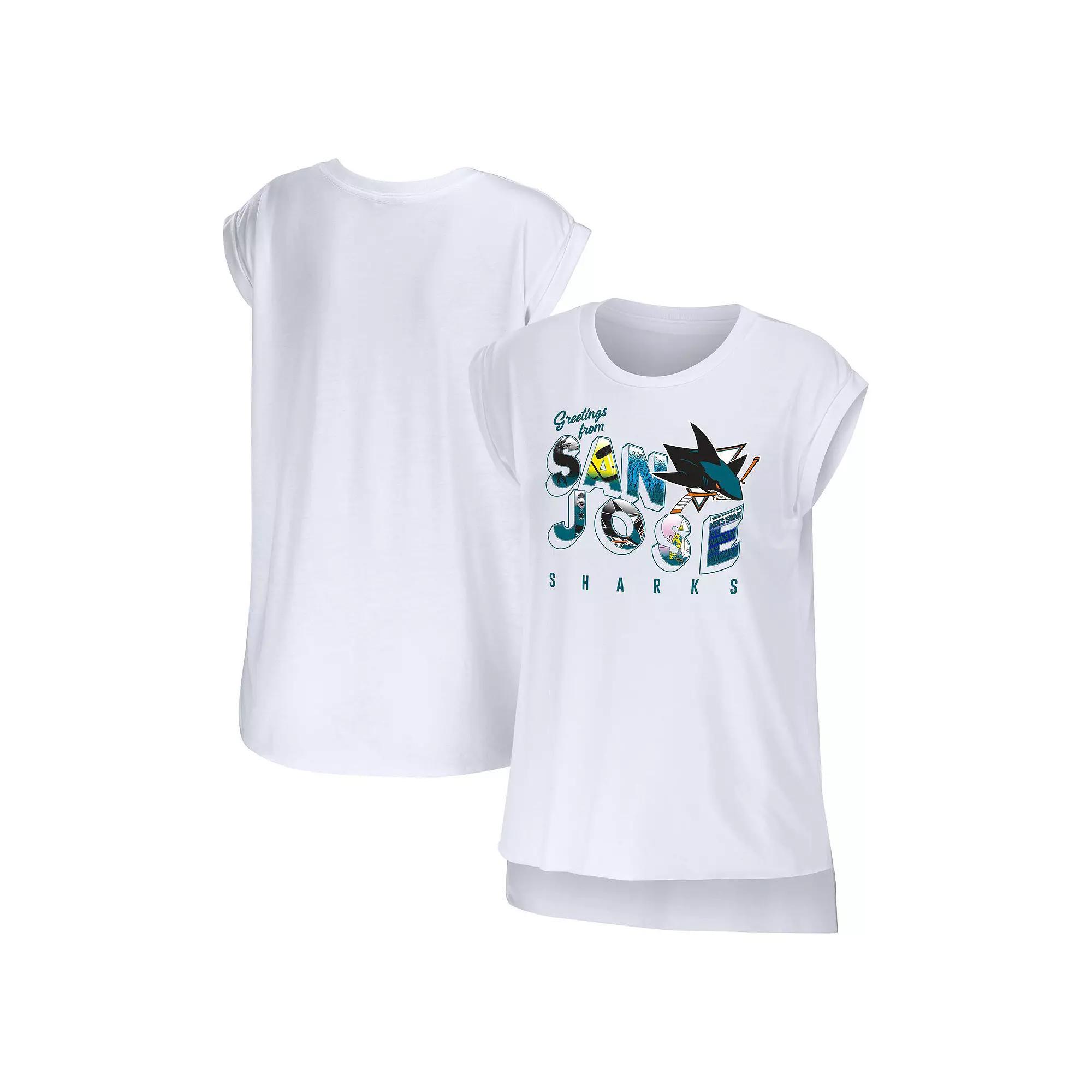 Women's WEAR by Erin Andrews White San Jose Sharks Greetings From Muscle T-Shirt, Size: Small, Sks White Product Image