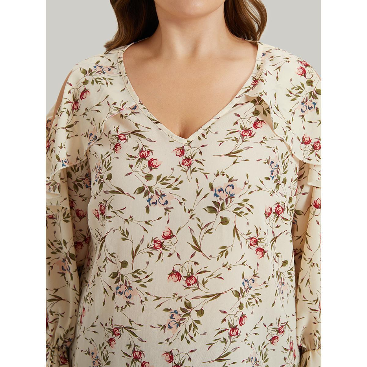 Plus Size Ivory Ditsy Floral Cold Shoulder Ties Ruffle Trim Blouse Women Elegant Long Sleeve V-neck Dailywear Blouses BloomChic 18-20/2X Product Image