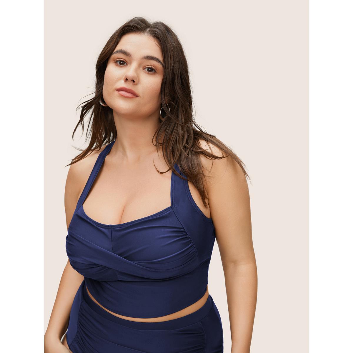 Plus Size Solid Crossover Square Neck Adjustable Straps Swim Top Women's Swimwear Indigo Beach Twist High stretch Skinny Square Neck Curve Swim Tops BloomChic 12/L Product Image
