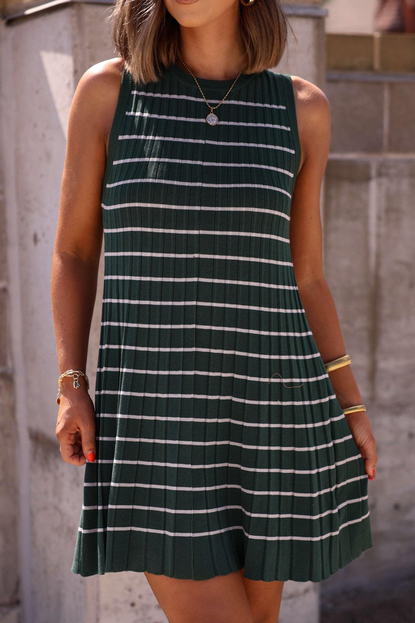 Green Stripe Pleated Mini Dress-FINAL SALE Product Image