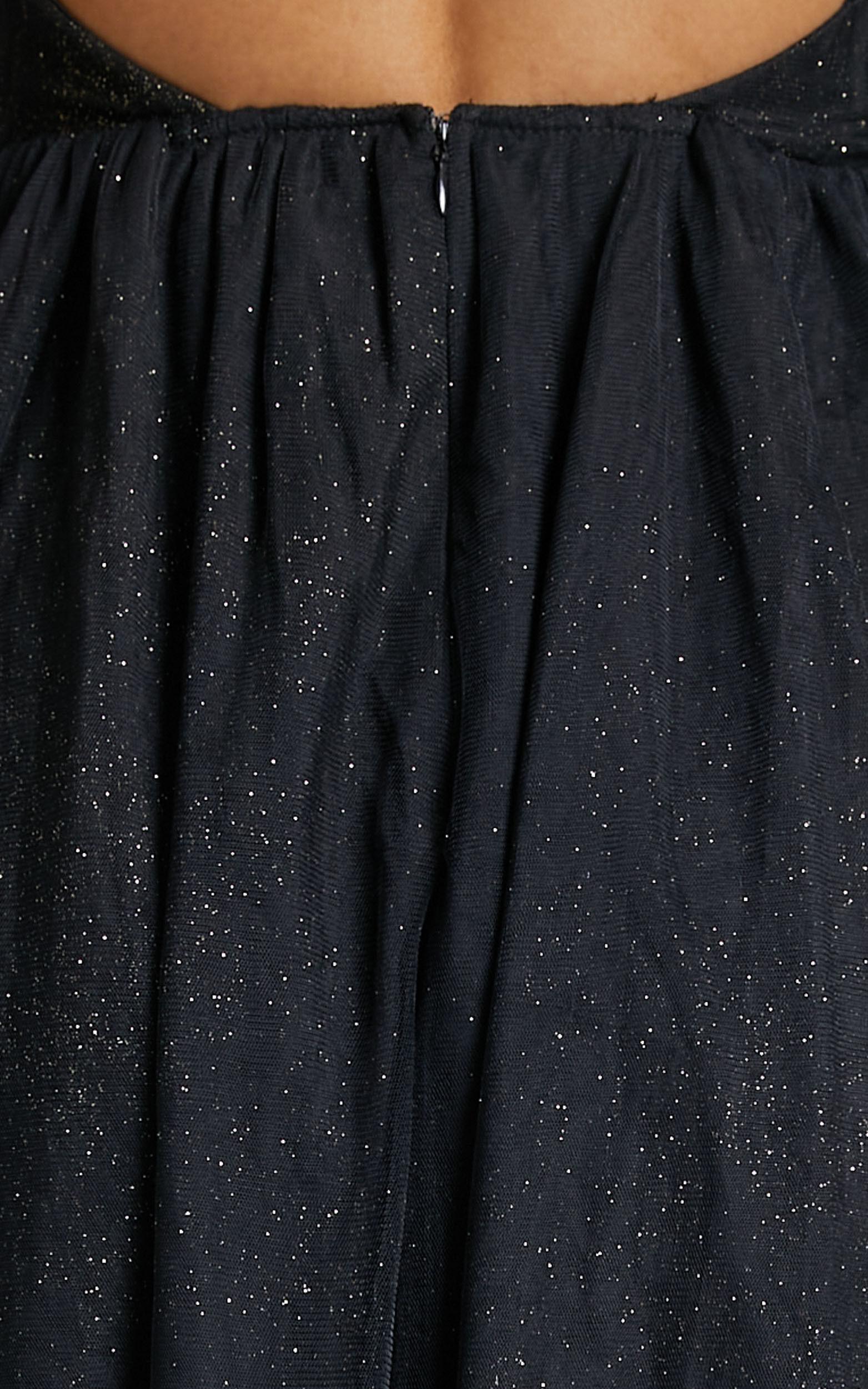 Angelina Midi Dress - Plunge Neck Glitter Neck Dress in Black Product Image