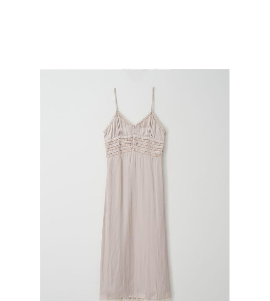 Spaghetti Strap Lace-Trim Satin Dress (Beige) Product Image