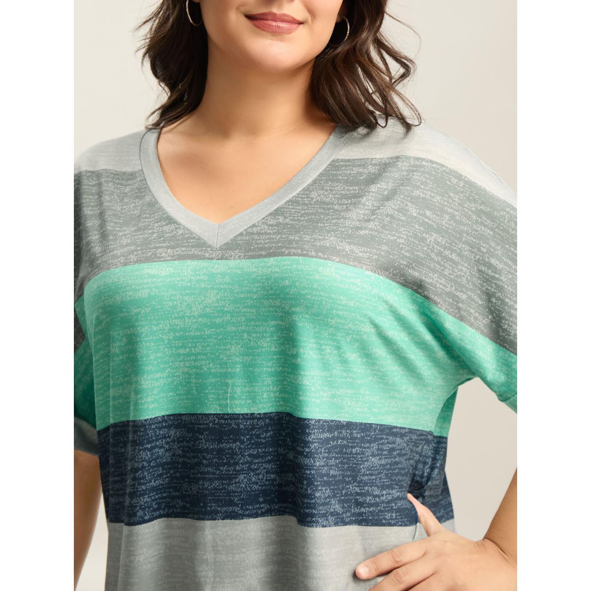 Plus Size Multi-Color Summer Stripes T-Shirt Malachitegreen Women Casual Contrast V-neck Everyday-Casual T-shirts BloomChic 26/4X Product Image