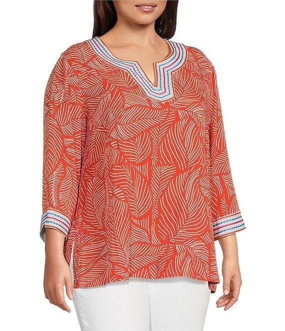 John Mark Plus Size Embroidered Allover Tropical Leaf Print Split V-Neck 3/4 Sleeve Tunic Product Image