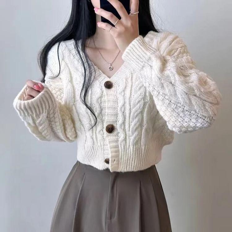 V-Neck Plain Cable Knit Cropped Cardigan Product Image