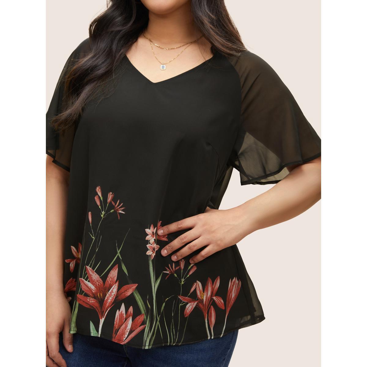 Plus Size Black Boho Print Mesh Patchwork Frill Trim Blouse Women Elegant Short sleeve V-neck Everyday Blouses BloomChic 30/6X Product Image