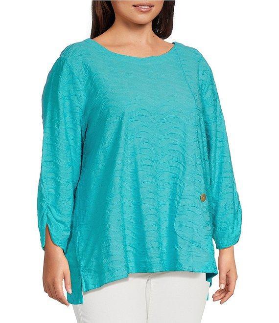 Ali Miles Plus Size Textured Knit Round Neck 3/4 Sleeve Hi-Low Hem Top Product Image