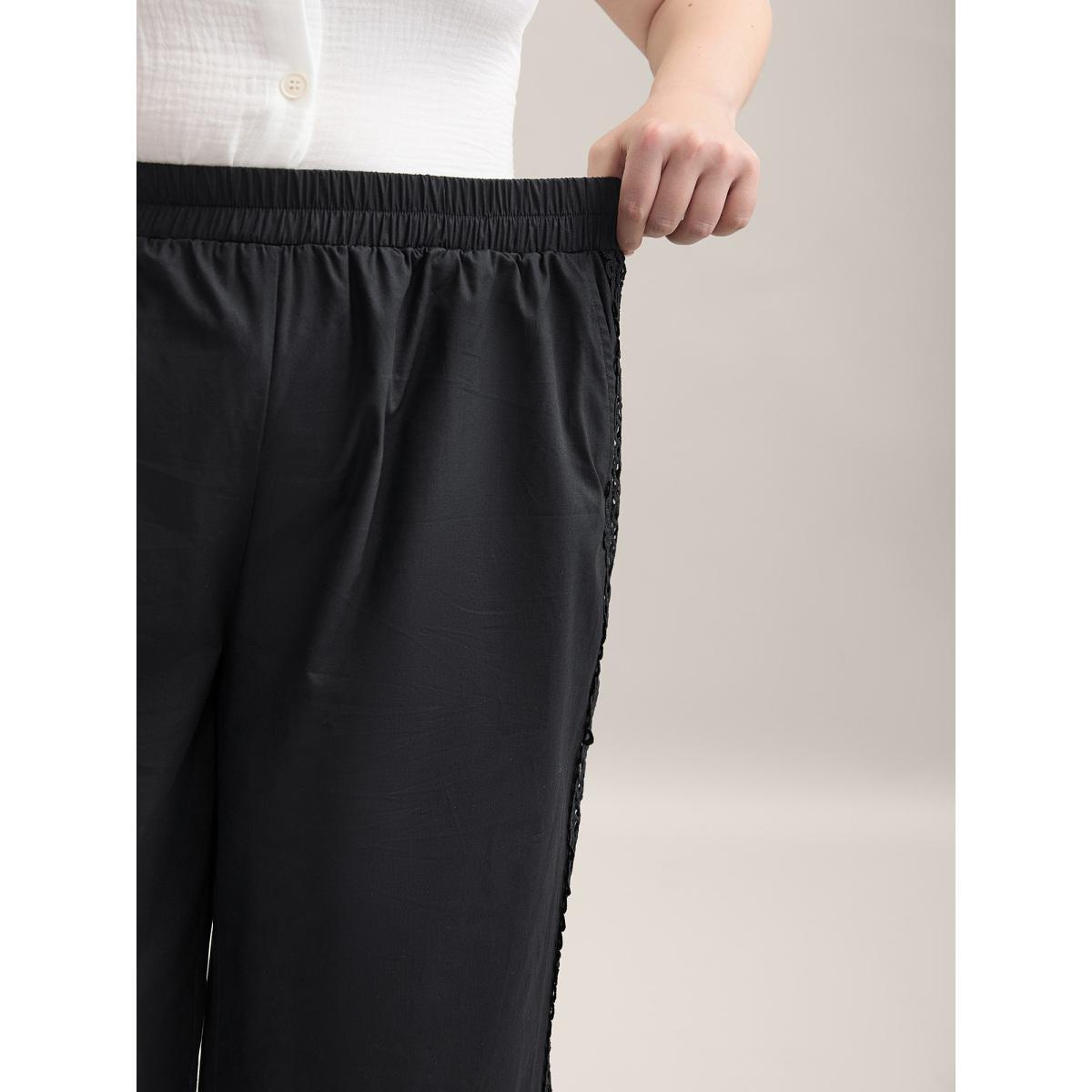 Plus Size Cotton Side Lace Wide-Leg Pants Women Black Resort Wide Leg Mid Rise Vacation Pants BloomChic 22-24/3X Product Image