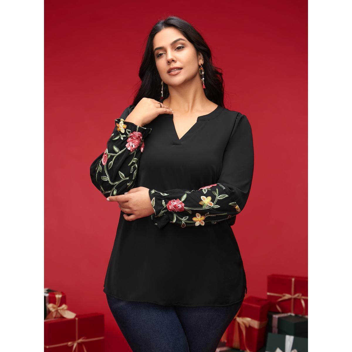 Plus Size Black Mesh Floral Embroidered Sleeve Blouse Women Elegant Long Sleeve Notched collar Everyday Blouses BloomChic 14-16/1X Product Image