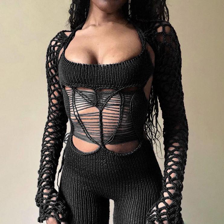 Long-Sleeve Halter Neck Plain Cutout Open Back Knit Skinny Jumpsuit Product Image