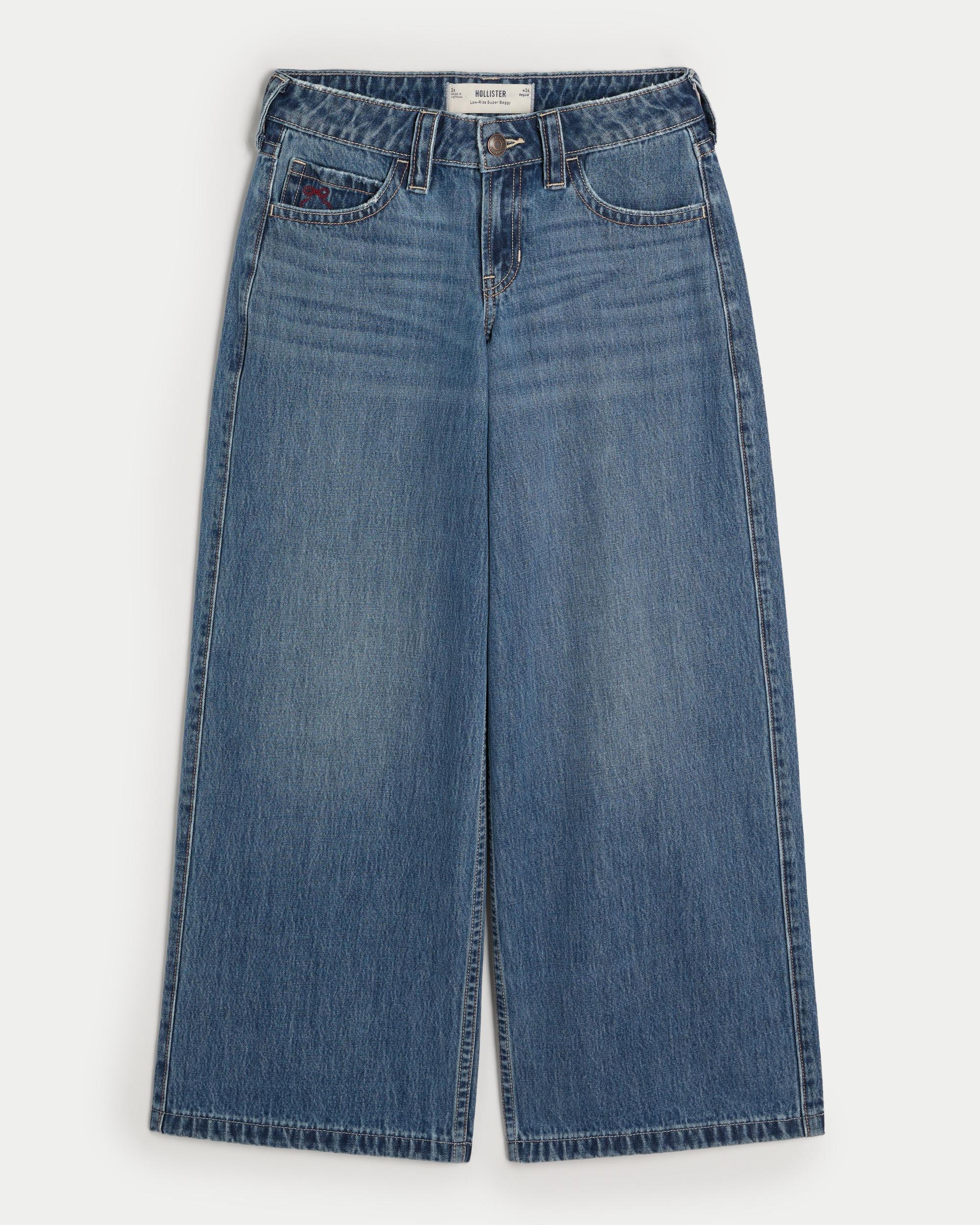 Low-Rise Medium Wash Cherry Embroidered Super Baggy Jeans Product Image