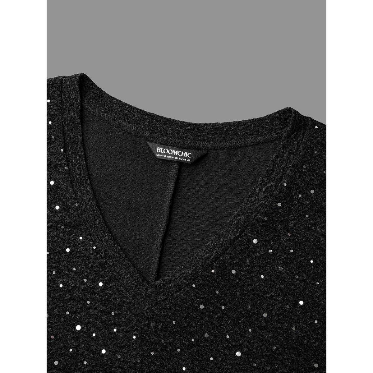 Plus Size V-Neck Sequin Textured T-Shirt Black Women Casual Rhinestone detailing V-neck Everyday T-shirts BloomChic 30/6X Product Image