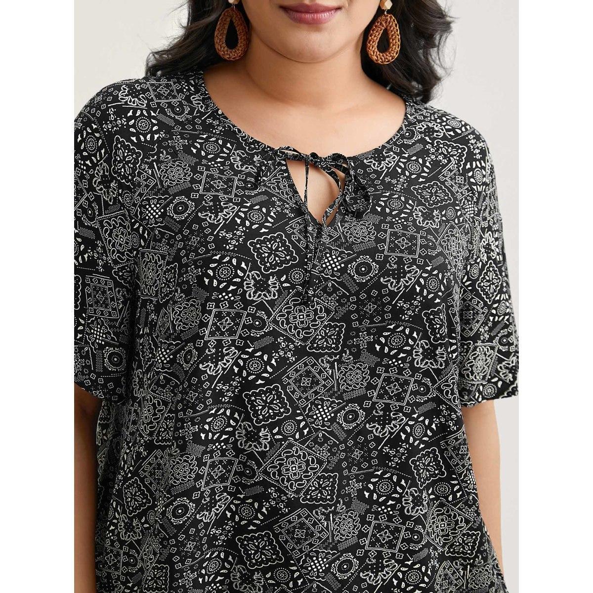 Plus Size Black Boho Print Neck-Tie Blouse Women Resort Short sleeve Ribbon-tied collar Vacation Blouses BloomChic 26/4X Product Image