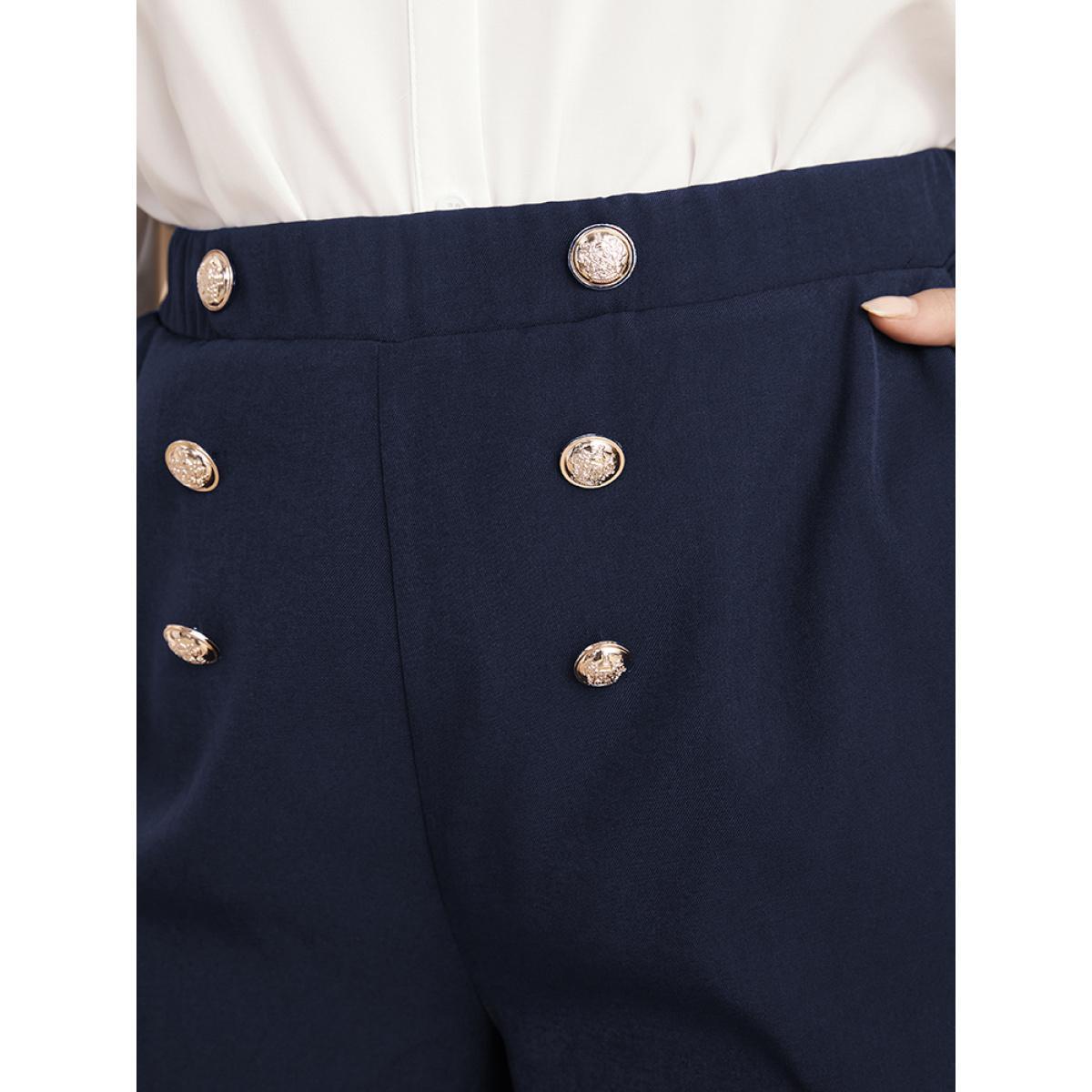 Plus Size Solid Elastic Waist Pocket Button Detail Pants Women Midnight Office Mid Rise Work Pants BloomChic 18-20/2X Product Image